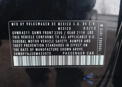 2013 Volkswagen Jetta 2.5L Se z USA, uszkodzony, nr VIN 3VWDP7AJ3DM433079